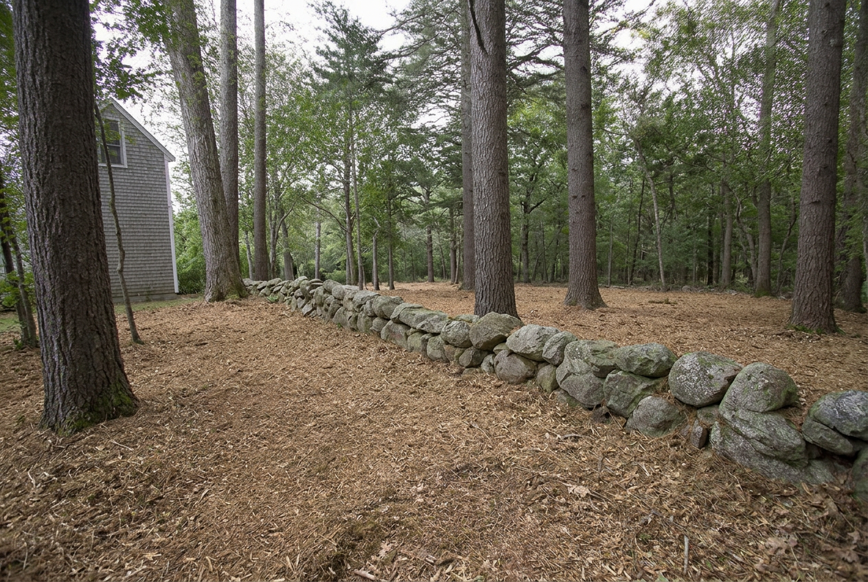 The same property edge after forestry mulching — open sightlines, mulched floor and a fully exposed stone wall