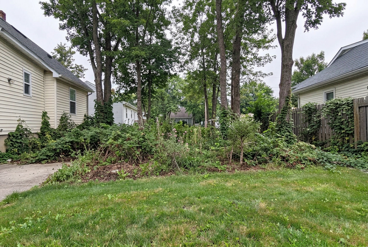 Dense briars, vines and saplings overtaking a residential property edge