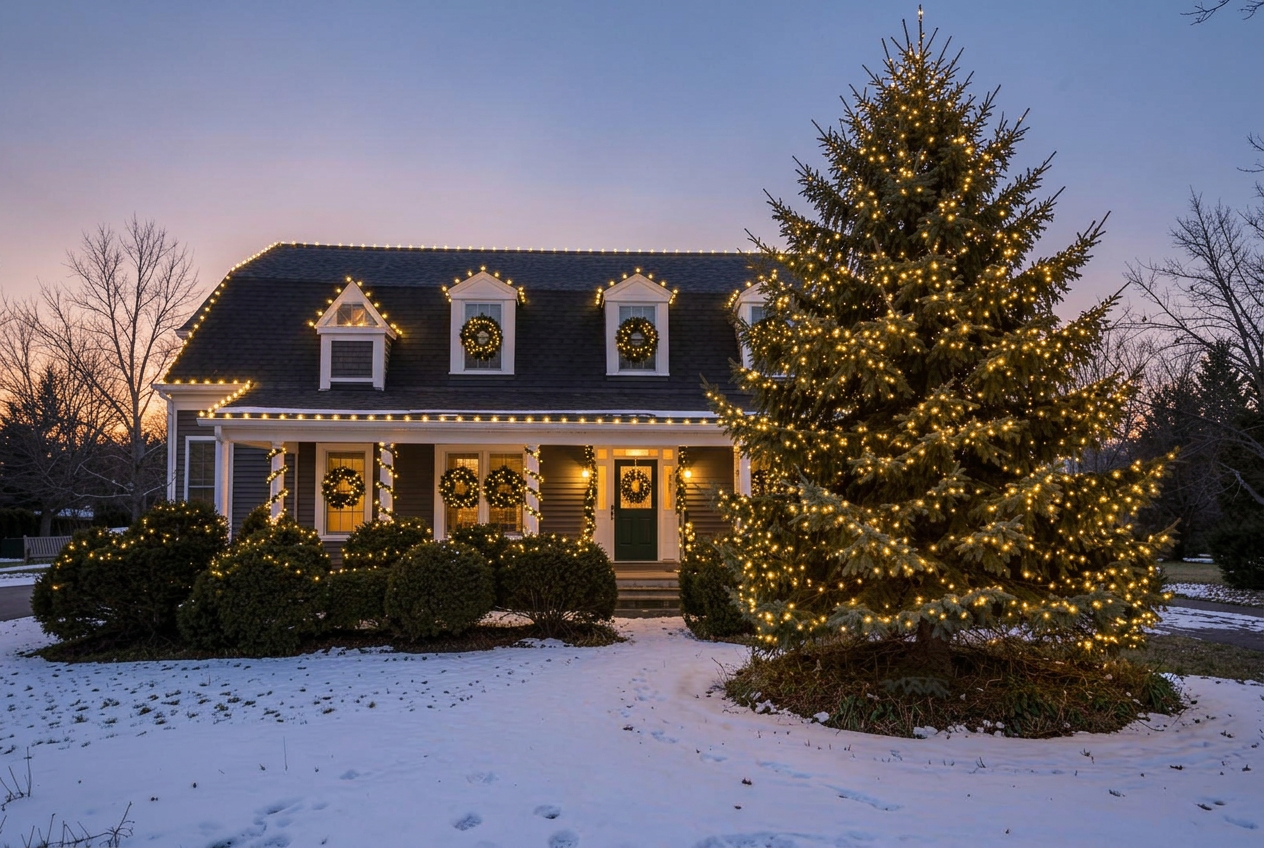 The same home with professionally installed warm holiday lights
