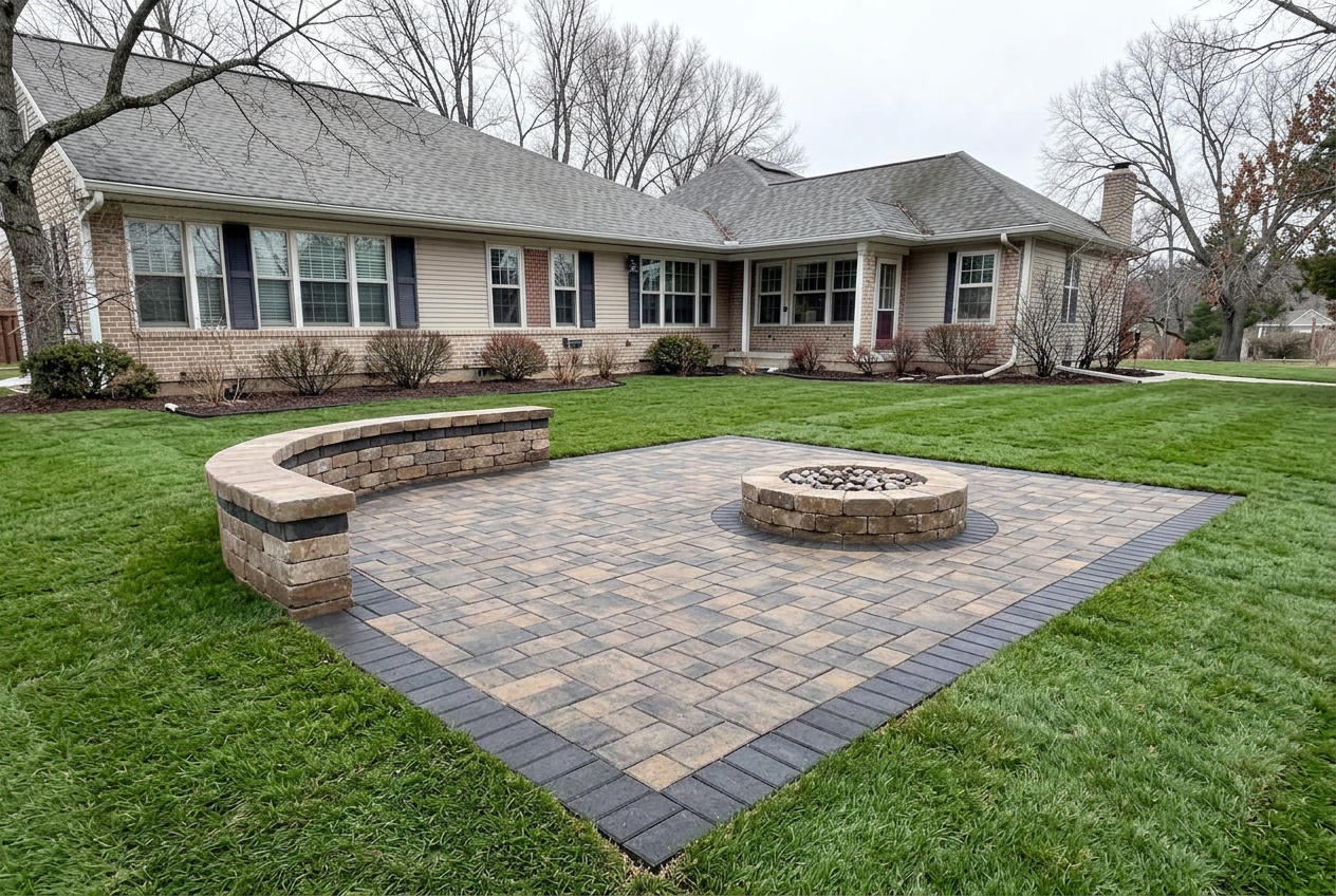 The same backyard with a finished paver patio and clean edges