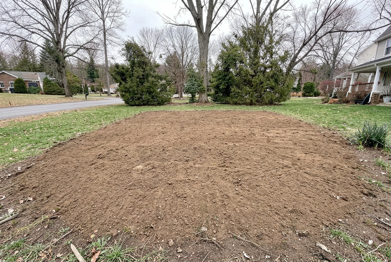 The same ground after brush root systems were removed and graded