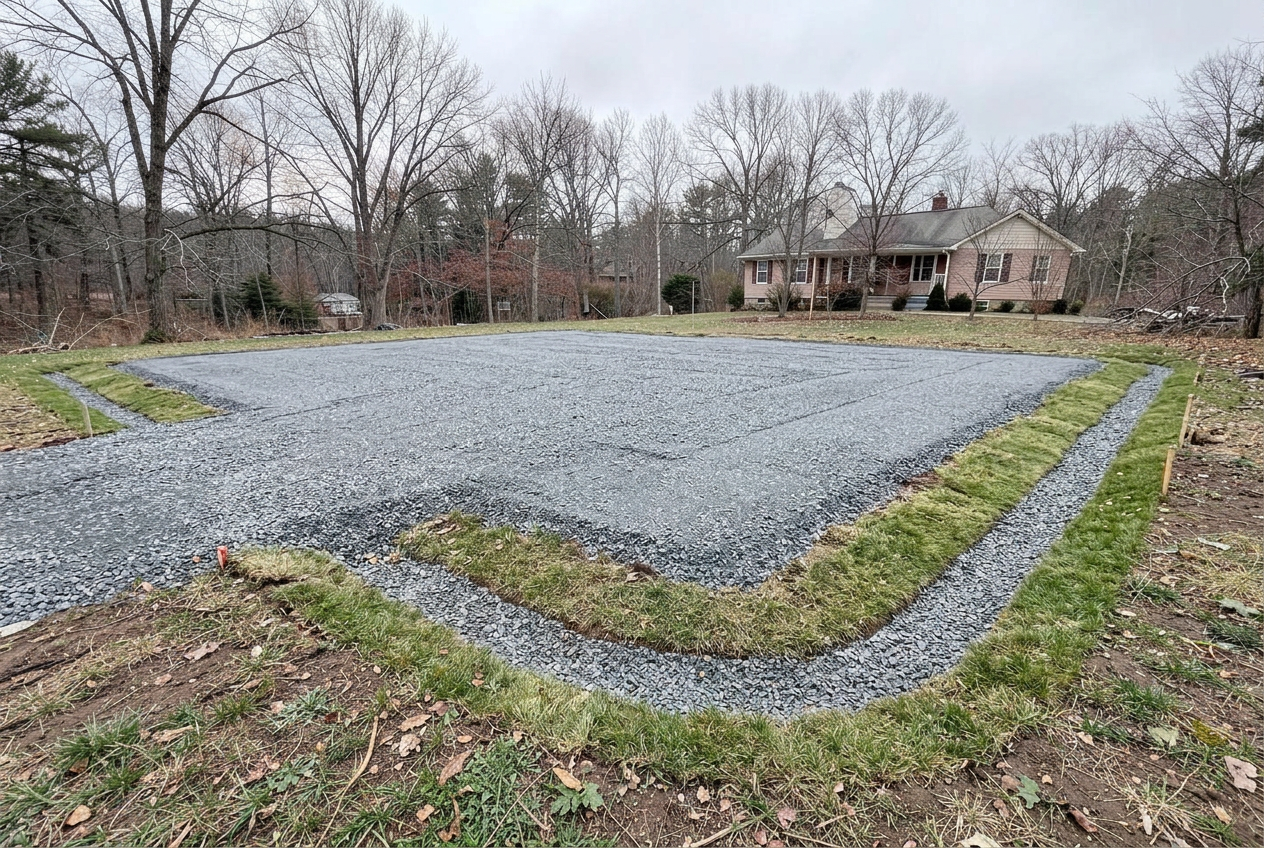The same site graded and prepared with a compacted stone pad