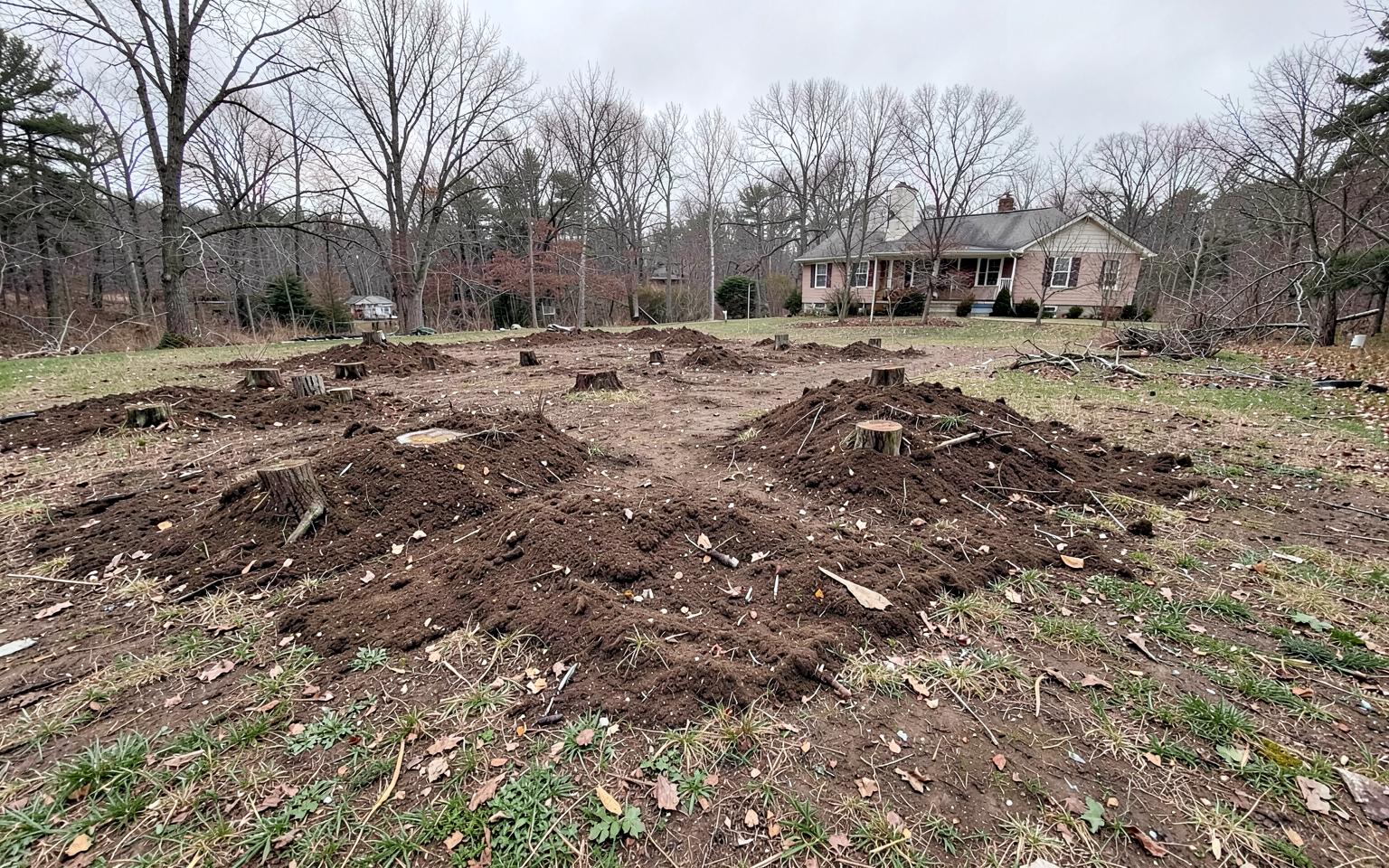 Rutted lot with stumps and uneven ground before site preparation