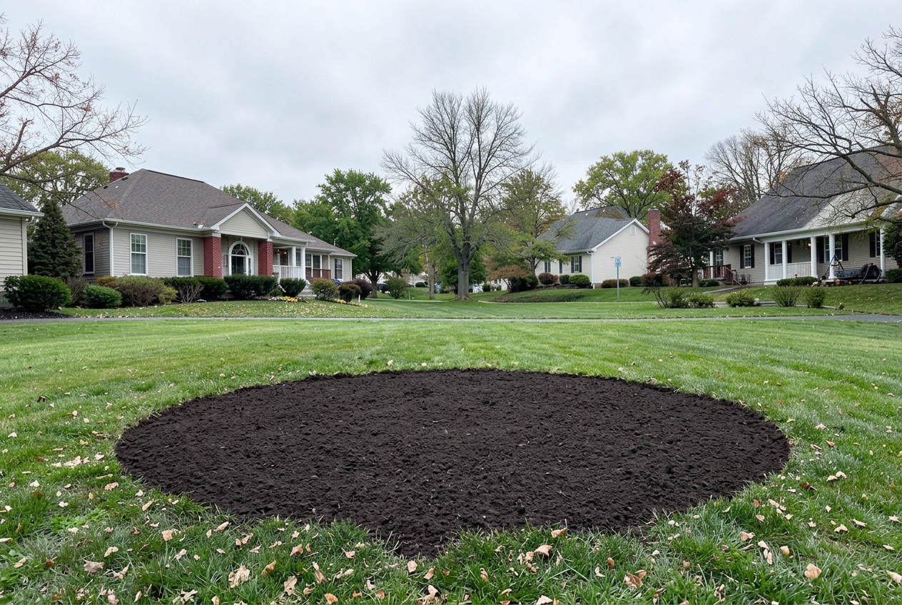 The same yard after stump and root removal with the ground leveled