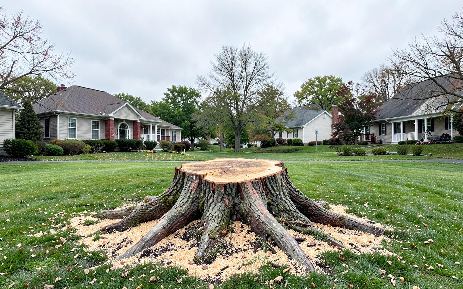 Large stump and exposed roots obstructing a residential yard