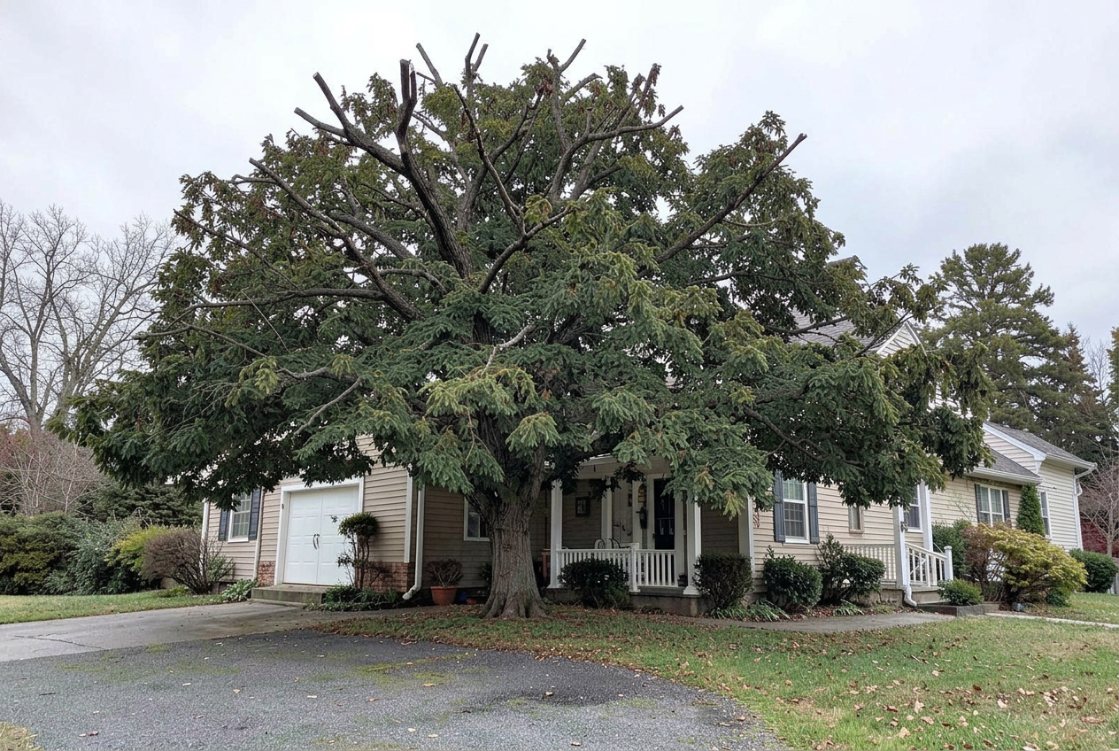 The same maple canopy after selective trimming and clearance pruning
