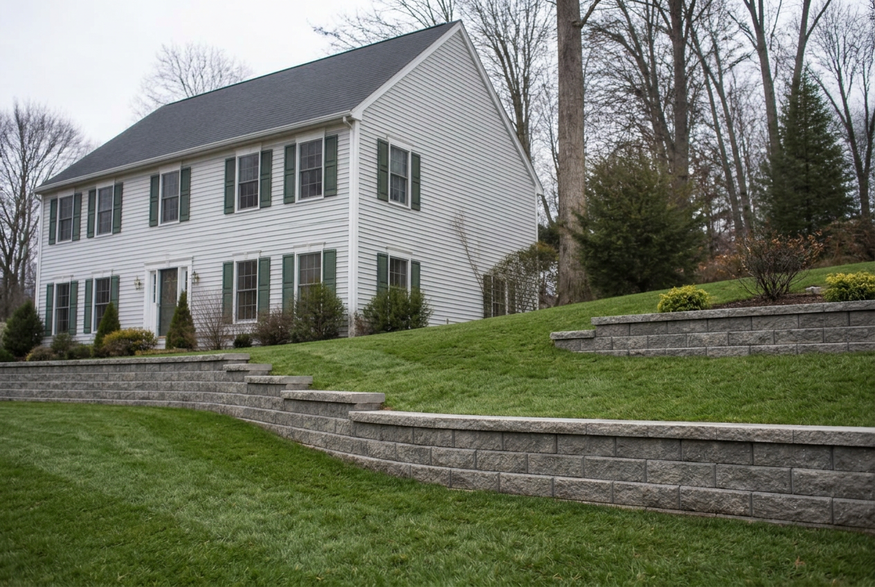 The same slope stabilized with a professionally built retaining wall