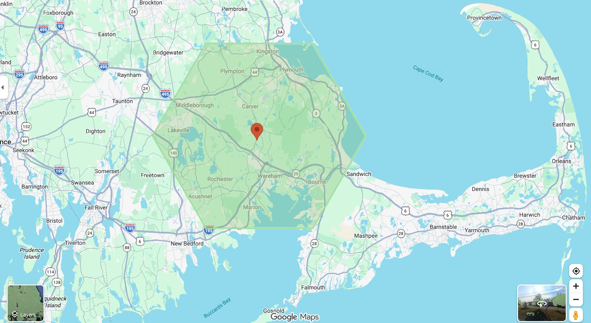 Powell's Tree Service coverage area across Plymouth, the South Shore, Wareham, Bourne, Rochester and Marion, with a location pin at 309 Tremont Street in Carver, Massachusetts