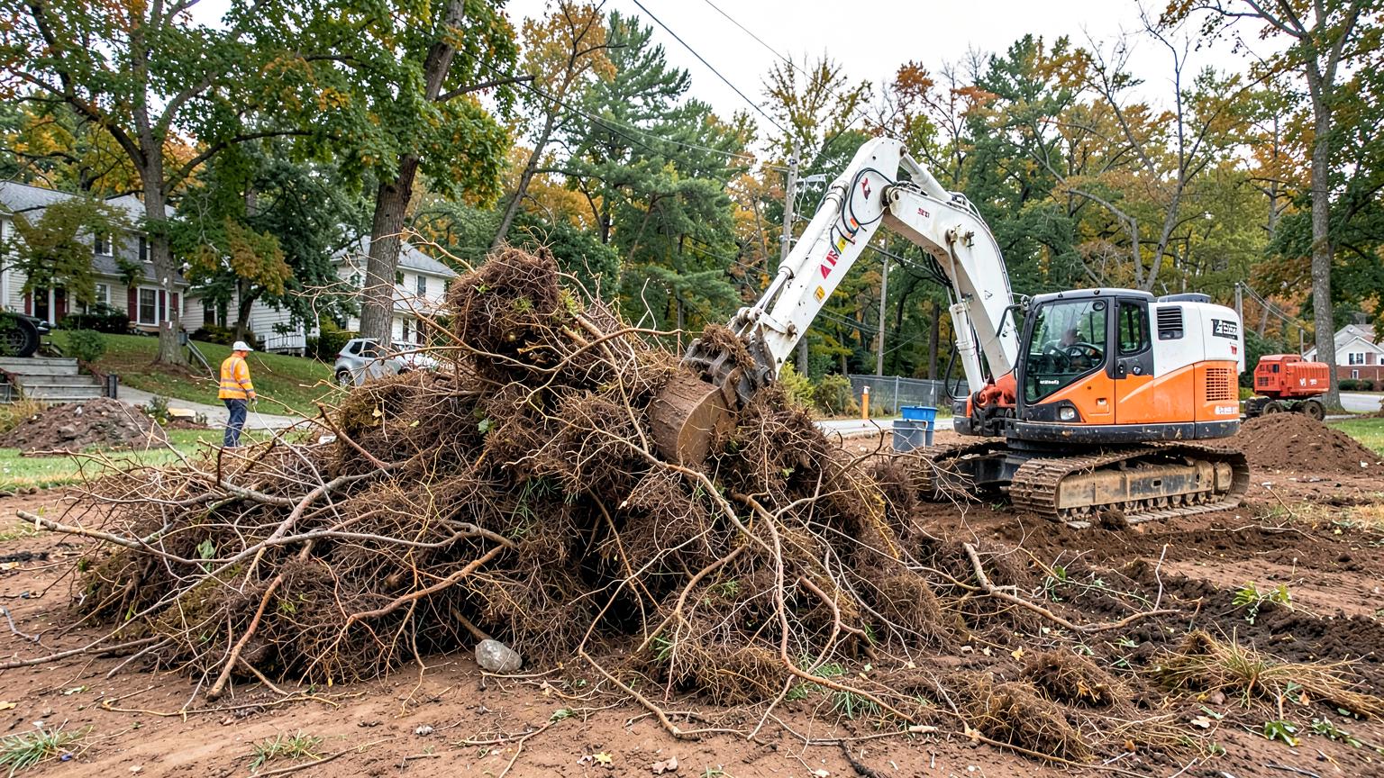 Compact excavator removing stubborn brush root systems from cleared ground