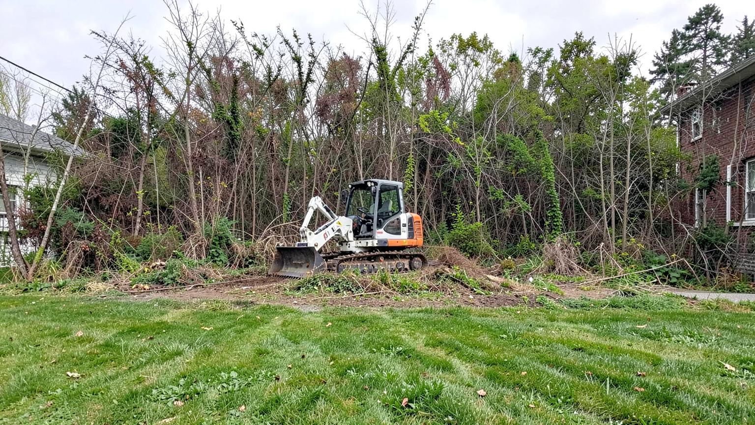Equipment reclaiming an overgrown residential property in Southeastern Massachusetts