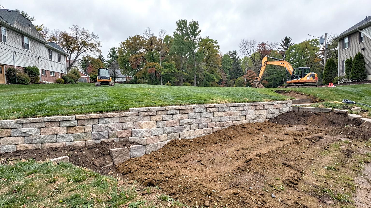 Contractor building a block retaining wall on a sloped New England property