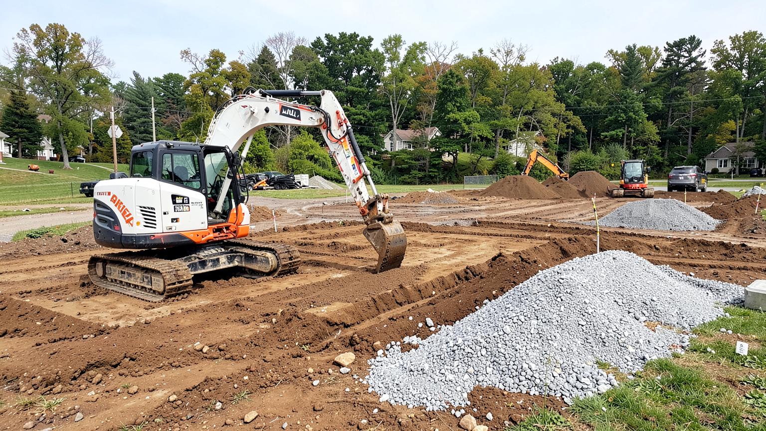 Compact excavator grading and preparing a residential construction site