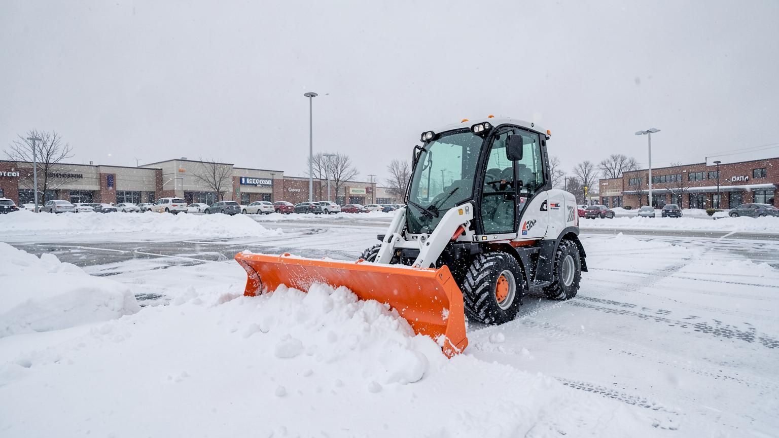 Commercial snow-removal equipment clearing a Massachusetts parking lot
