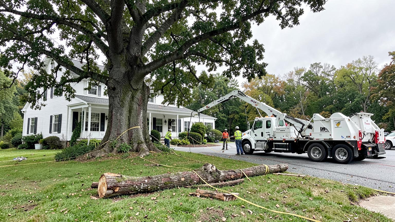 Professional tree removal crew dismantling a mature tree beside a New England home