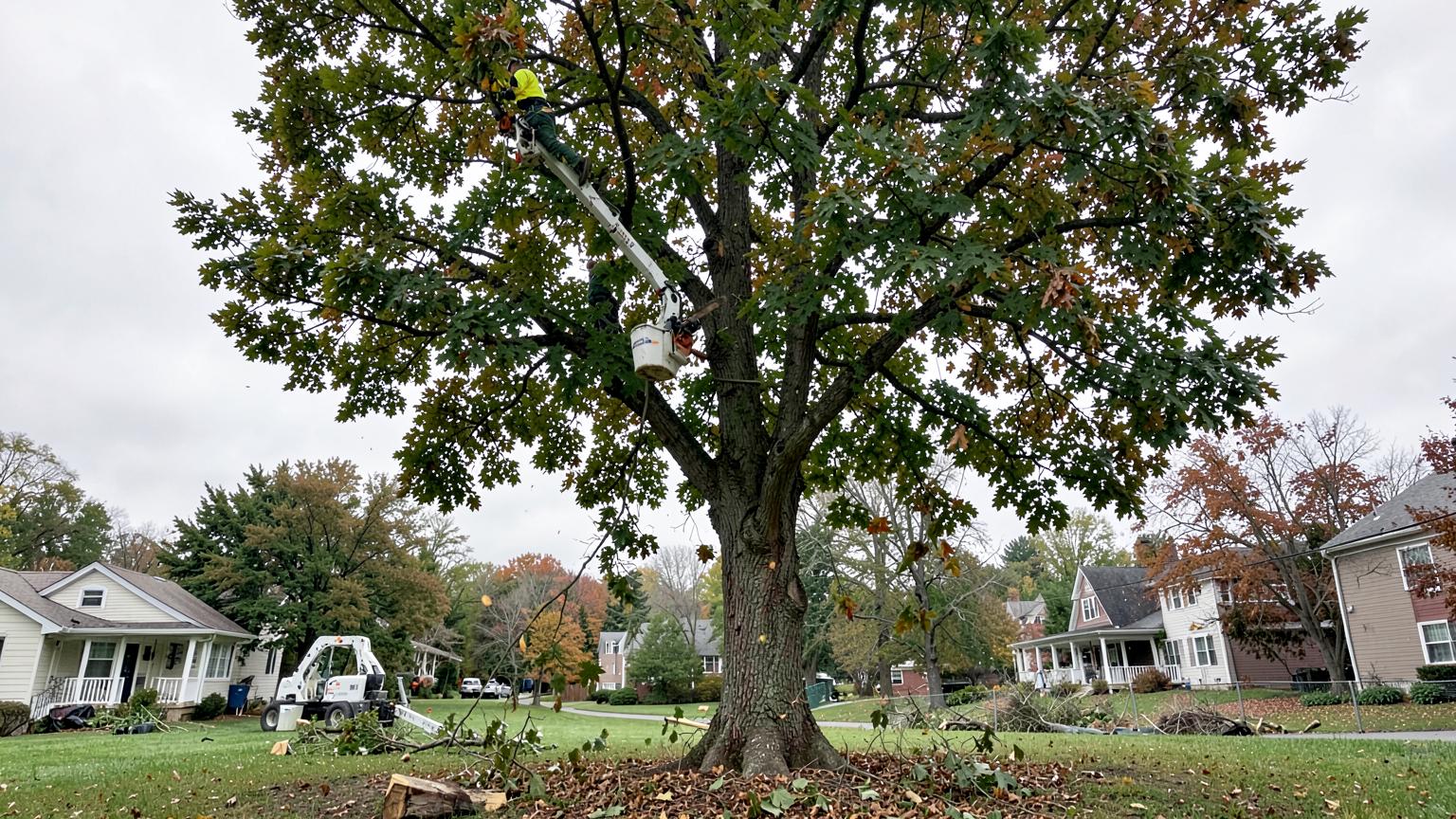 Arborist pruning mature tree limbs above a residential property in Southeastern Massachusetts